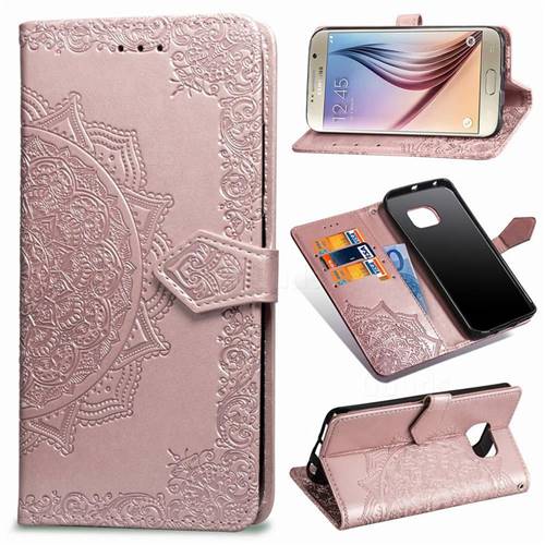 Embossing Imprint Mandala Flower Leather Wallet Case for Samsung Galaxy S6 G920 - Rose Gold