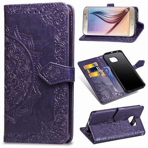 Embossing Imprint Mandala Flower Leather Wallet Case for Samsung Galaxy S6 G920 - Purple