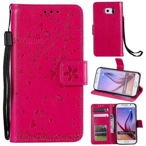 Embossing Cherry Blossom Cat Leather Wallet Case for Samsung Galaxy S6 G920 - Rose