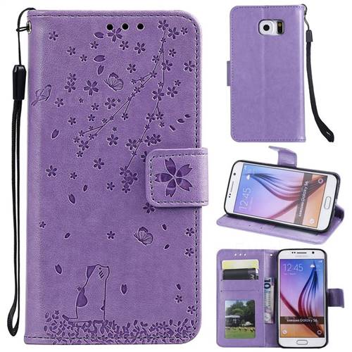Embossing Cherry Blossom Cat Leather Wallet Case for Samsung Galaxy S6 G920 - Purple