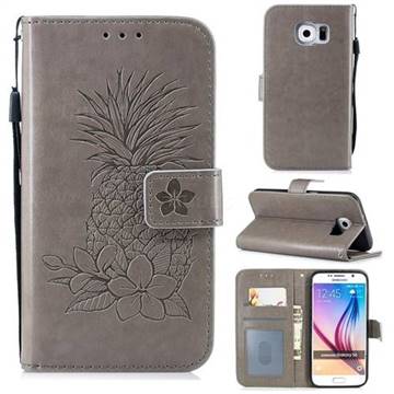 Embossing Flower Pineapple Leather Wallet Case for Samsung Galaxy S6 G920 - Gray