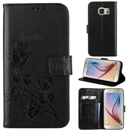 Embossing Rose Flower Leather Wallet Case for Samsung Galaxy S6 G920 - Black
