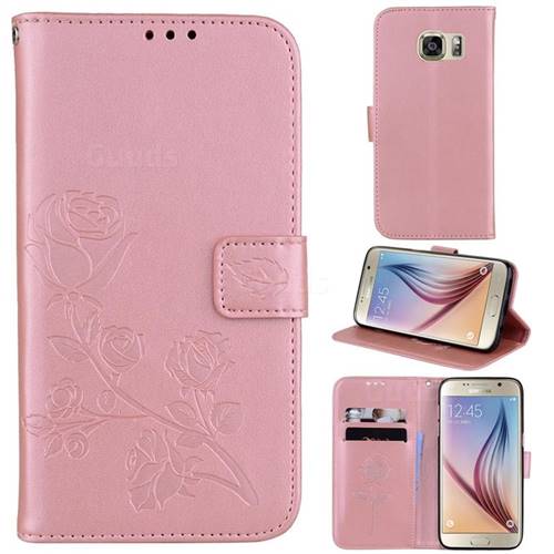 Embossing Rose Flower Leather Wallet Case for Samsung Galaxy S6 G920 - Rose Gold