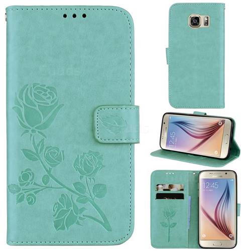 Embossing Rose Flower Leather Wallet Case for Samsung Galaxy S6 G920 - Green