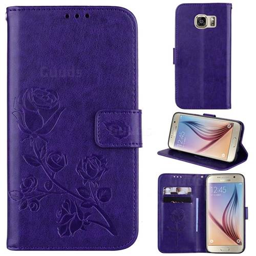 Embossing Rose Flower Leather Wallet Case for Samsung Galaxy S6 G920 - Purple
