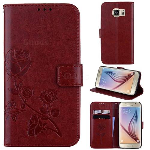 Embossing Rose Flower Leather Wallet Case for Samsung Galaxy S6 G920 - Brown