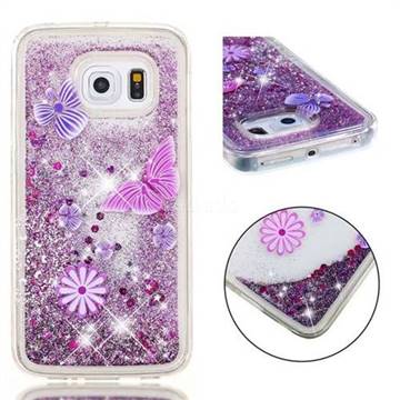 Purple Flower Butterfly Dynamic Liquid Glitter Quicksand Soft TPU Case for Samsung Galaxy S6 Edge G925