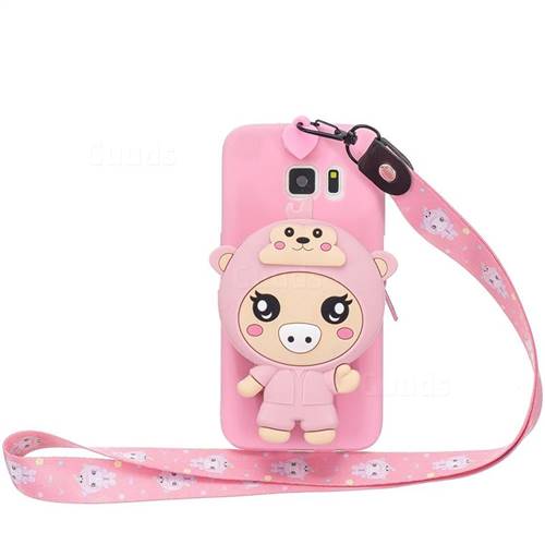 Pink Pig Neck Lanyard Zipper Wallet Silicone Case for Samsung Galaxy S6 Edge G925