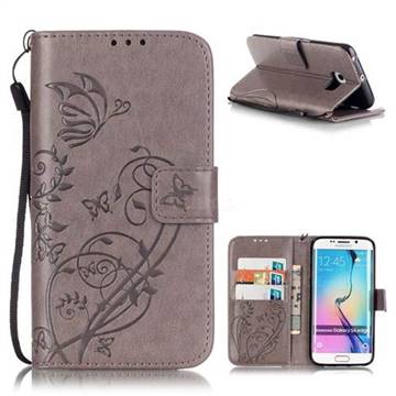 Embossing Butterfly Flower Leather Wallet Case for Samsung Galaxy S6 Edge - Grey