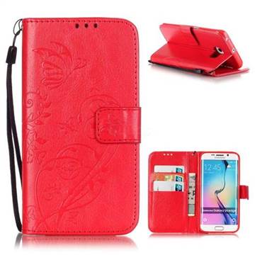 Embossing Butterfly Flower Leather Wallet Case for Samsung Galaxy S6 Edge - Red