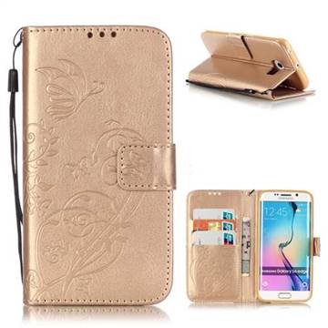 Embossing Butterfly Flower Leather Wallet Case for Samsung Galaxy S6 Edge - Champagne