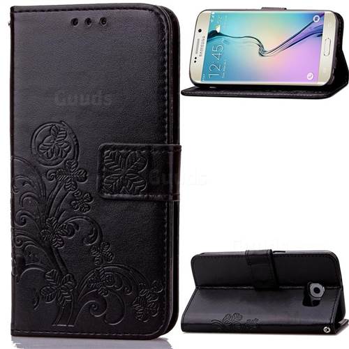 Embossing Imprint Four-Leaf Clover Leather Wallet Case for Samsung Galaxy S6 Edge - Black