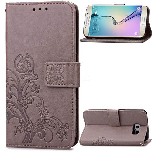 Embossing Imprint Four-Leaf Clover Leather Wallet Case for Samsung Galaxy S6 Edge - Gray