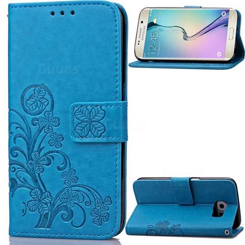 Embossing Imprint Four-Leaf Clover Leather Wallet Case for Samsung Galaxy S6 Edge - Blue