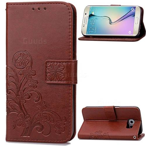 Embossing Imprint Four-Leaf Clover Leather Wallet Case for Samsung Galaxy S6 Edge - Brown