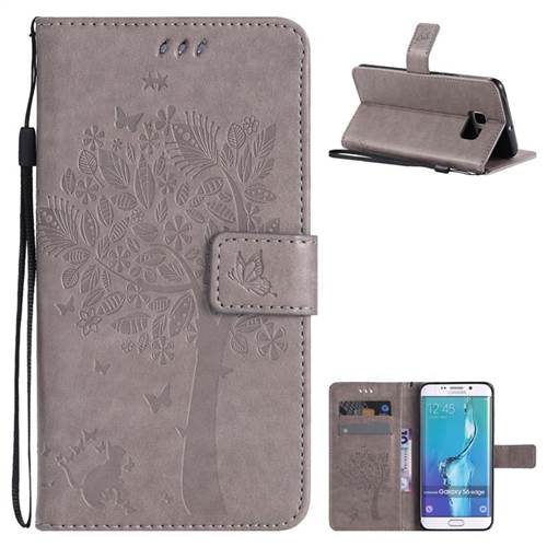 Embossing Butterfly Tree Leather Wallet Case for Samsung Galaxy S6 Edge G925 - Grey