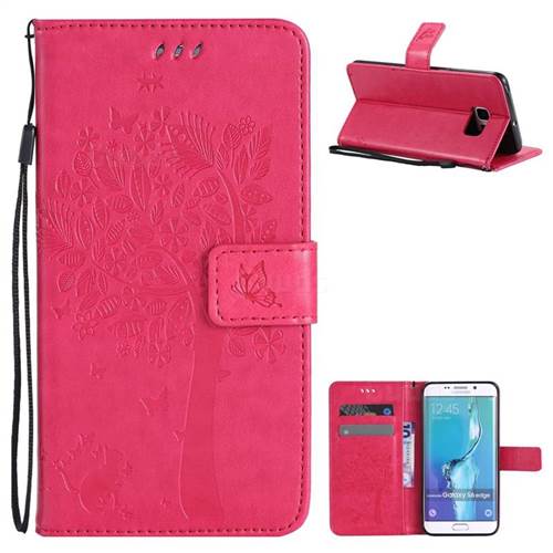 Embossing Butterfly Tree Leather Wallet Case for Samsung Galaxy S6 Edge G925 - Rose