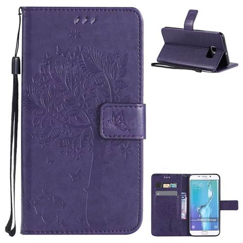 Embossing Butterfly Tree Leather Wallet Case for Samsung Galaxy S6 Edge G925 - Purple