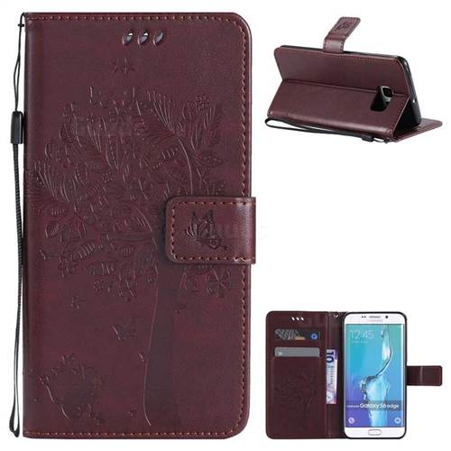 Embossing Butterfly Tree Leather Wallet Case for Samsung Galaxy S6 Edge G925 - Coffee