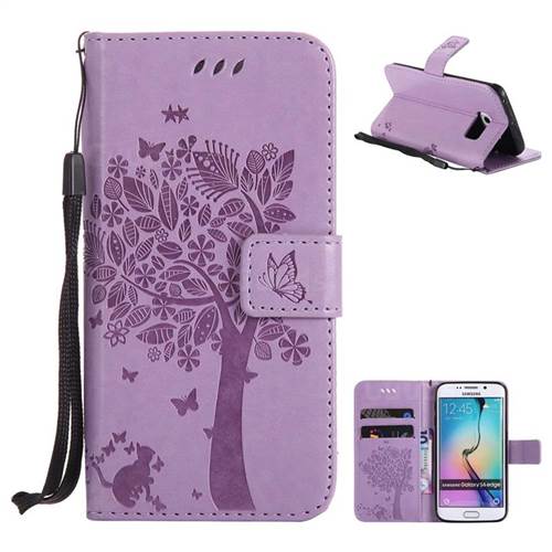Embossing Butterfly Tree Leather Wallet Case for Samsung Galaxy S6 Edge G925 - Violet