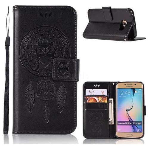 Intricate Embossing Owl Campanula Leather Wallet Case for Samsung Galaxy S6 Edge G925 - Black