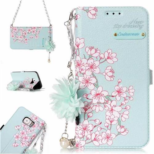 Cherry Blossoms Endeavour Florid Pearl Flower Pendant Metal Strap PU Leather Wallet Case for Samsung Galaxy S6 Edge G925