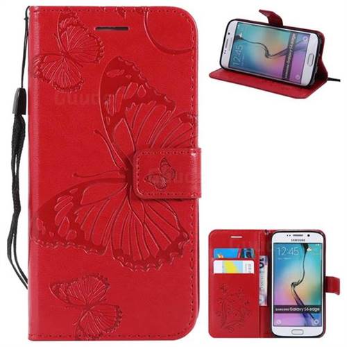 Embossing 3D Butterfly Leather Wallet Case for Samsung Galaxy S6 Edge G925 - Red