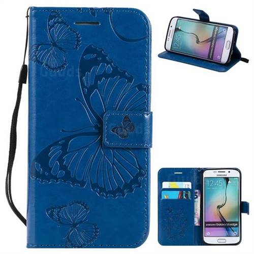 Embossing 3D Butterfly Leather Wallet Case for Samsung Galaxy S6 Edge G925 - Blue