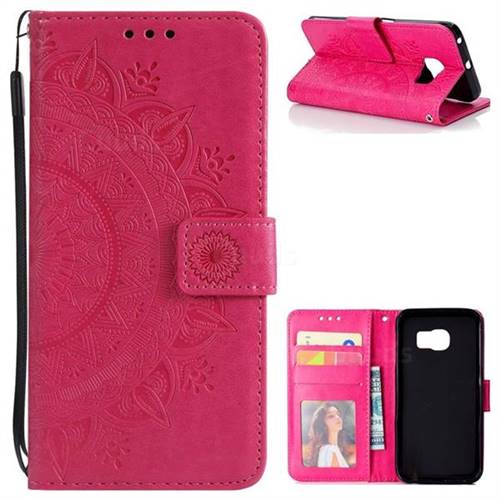 Intricate Embossing Datura Leather Wallet Case for Samsung Galaxy S6 Edge G925 - Rose Red