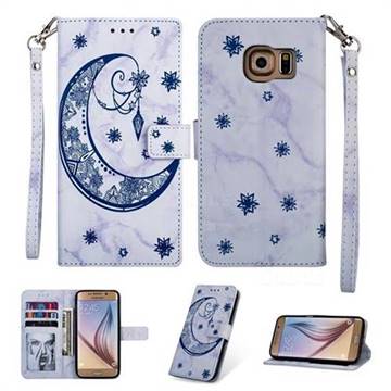 Moon Flower Marble Leather Wallet Phone Case for Samsung Galaxy S6 Edge G925 - Blue