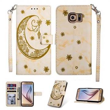 Moon Flower Marble Leather Wallet Phone Case for Samsung Galaxy S6 Edge G925 - Yellow
