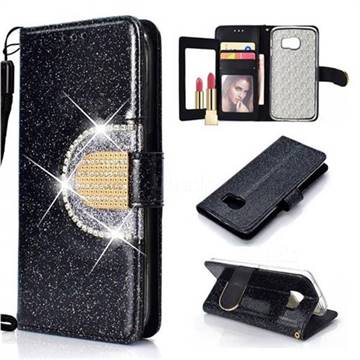 Glitter Diamond Buckle Splice Mirror Leather Wallet Phone Case for Samsung Galaxy S6 Edge G925 - Black