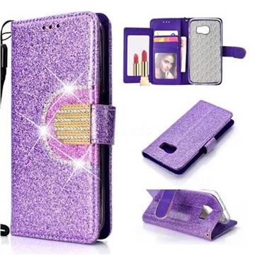 Glitter Diamond Buckle Splice Mirror Leather Wallet Phone Case for Samsung Galaxy S6 Edge G925 - Purple
