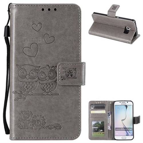 Embossing Owl Couple Flower Leather Wallet Case for Samsung Galaxy S6 Edge G925 - Gray