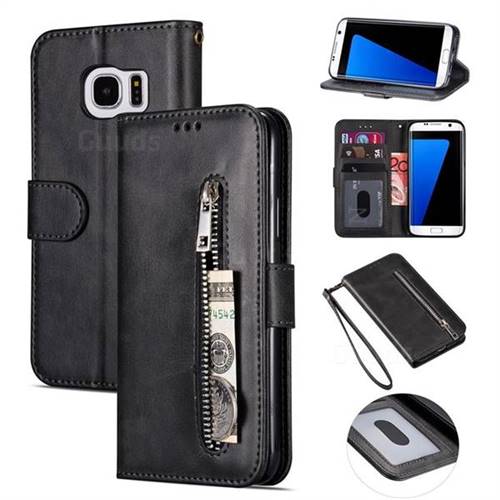 Retro Calfskin Zipper Leather Wallet Case Cover for Samsung Galaxy S6 Edge G925 - Black