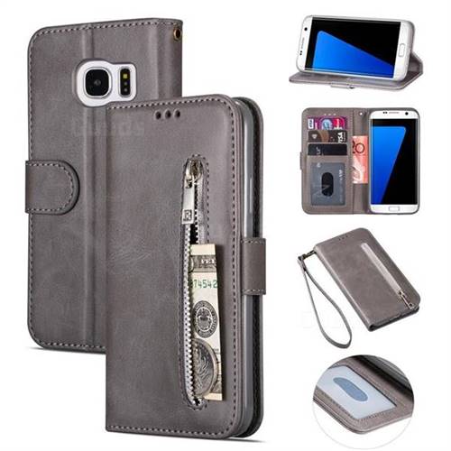 Retro Calfskin Zipper Leather Wallet Case Cover for Samsung Galaxy S6 Edge G925 - Grey