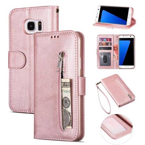 Retro Calfskin Zipper Leather Wallet Case Cover for Samsung Galaxy S6 Edge G925 - Rose Gold