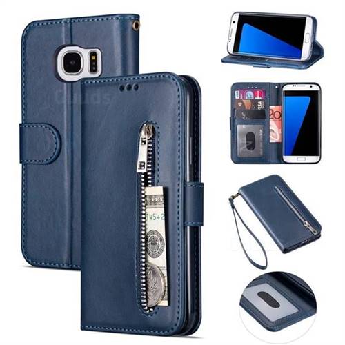 Retro Calfskin Zipper Leather Case Cover for Galaxy S6 Edge - Blue - Leather Case Guuds