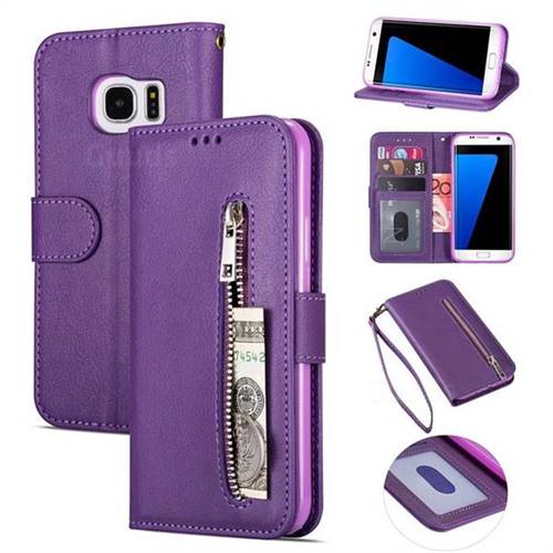 Retro Calfskin Zipper Leather Wallet Case Cover for Samsung Galaxy S6 Edge G925 - Purple