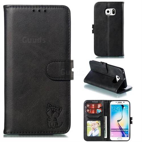 Embossing Happy Cat Leather Wallet Case for Samsung Galaxy S6 Edge G925 - Black