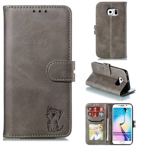 Embossing Happy Cat Leather Wallet Case for Samsung Galaxy S6 Edge G925 - Gray