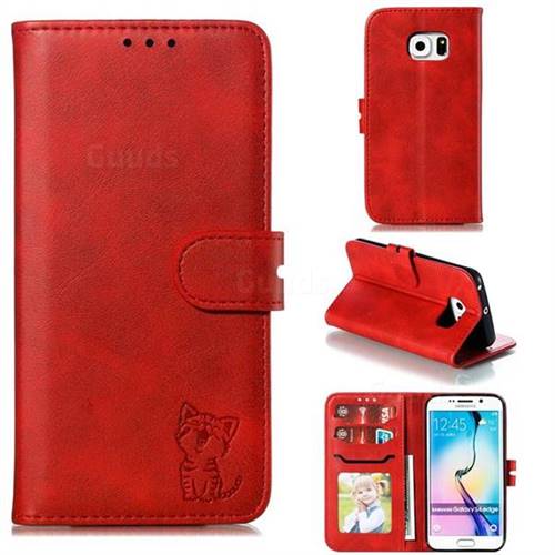 Embossing Happy Cat Leather Wallet Case for Samsung Galaxy S6 Edge G925 - Red
