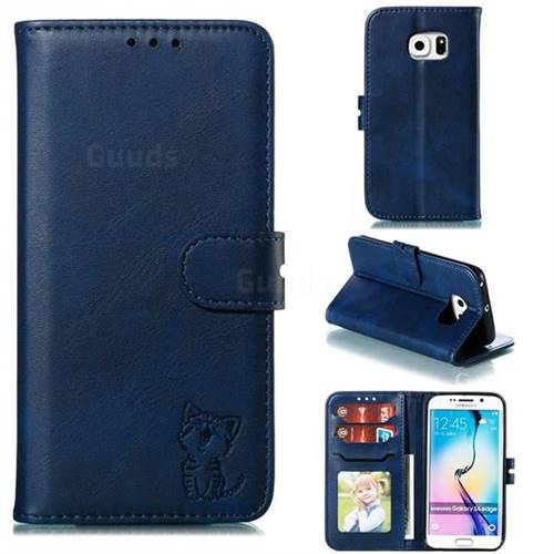 Embossing Happy Cat Leather Wallet Case for Samsung Galaxy S6 Edge G925 - Blue