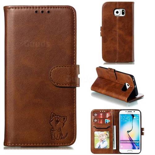 Embossing Happy Cat Leather Wallet Case for Samsung Galaxy S6 Edge G925 - Brown