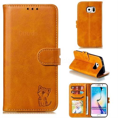 Embossing Happy Cat Leather Wallet Case for Samsung Galaxy S6 Edge G925 - Yellow