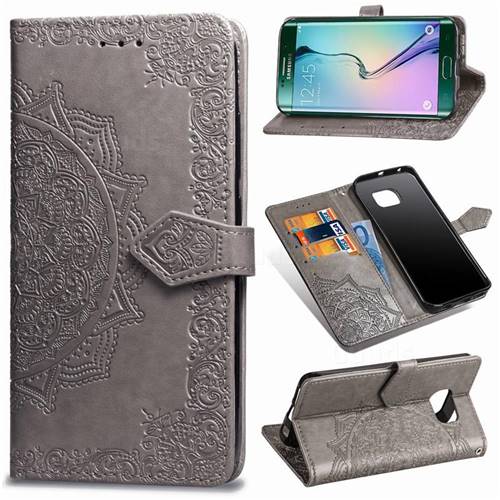 Embossing Imprint Mandala Flower Leather Wallet Case for Samsung Galaxy S6 Edge G925 - Gray