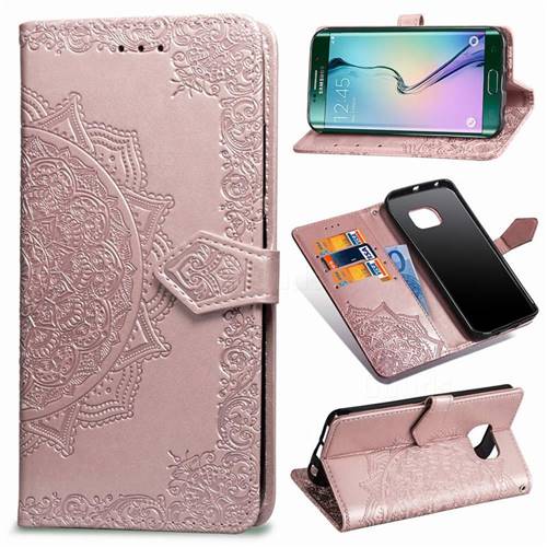 Embossing Imprint Mandala Flower Leather Wallet Case for Samsung Galaxy S6 Edge G925 - Rose Gold