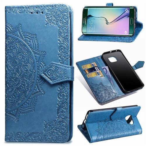Embossing Imprint Mandala Flower Leather Wallet Case for Samsung Galaxy S6 Edge G925 - Blue