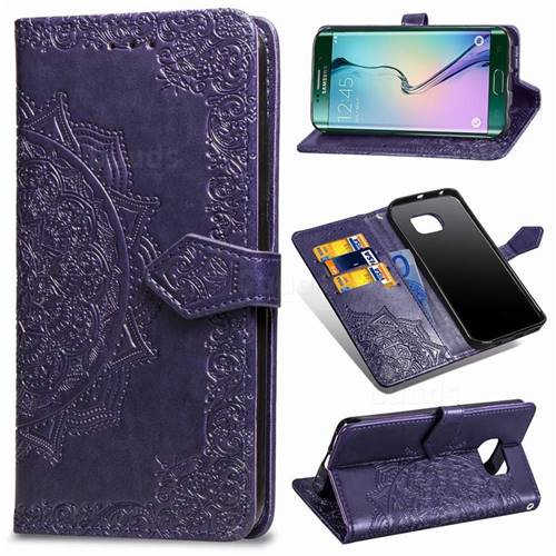 Embossing Imprint Mandala Flower Leather Wallet Case for Samsung Galaxy S6 Edge G925 - Purple