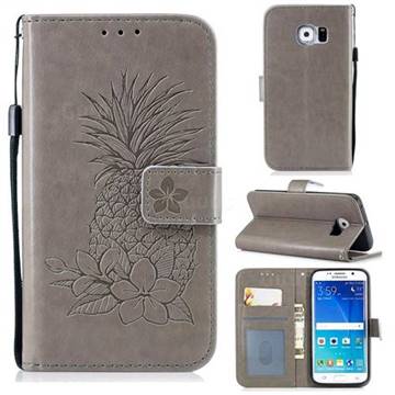 Embossing Flower Pineapple Leather Wallet Case for Samsung Galaxy S6 Edge G925 - Gray